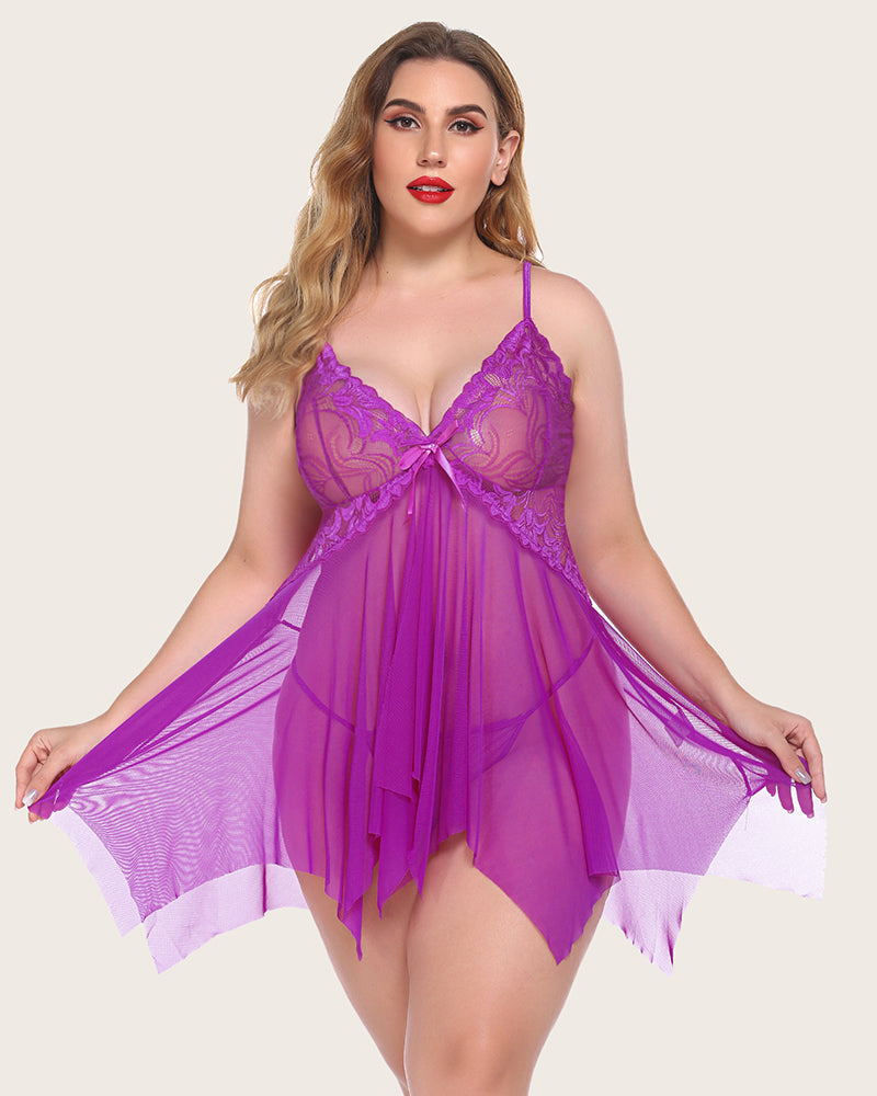 Plus Size Lingeries Lace Print Babydoll Outfits-lovelira