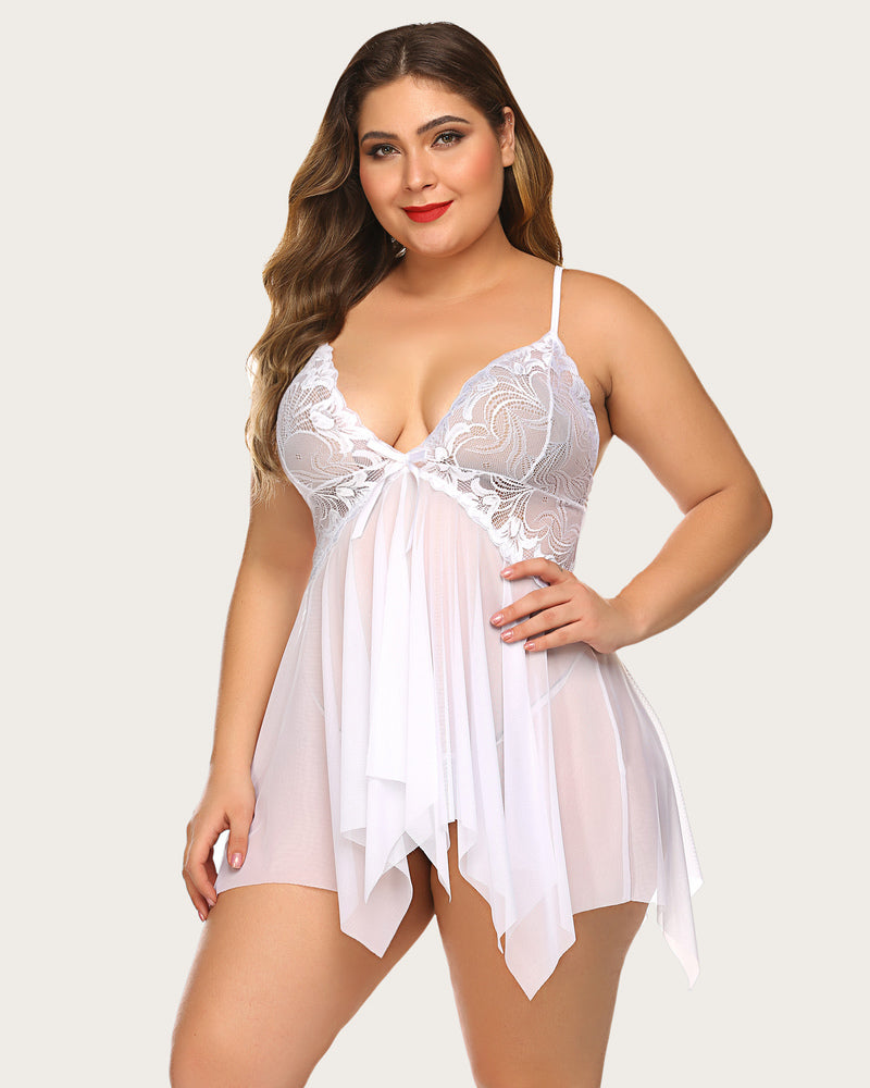 Plus Size Lingeries Lace Print Babydoll Outfits-lovelira