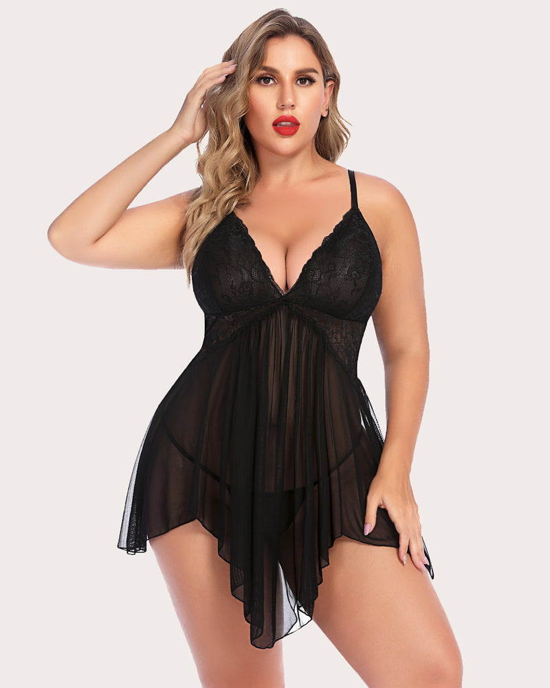 Plus Size Lace V Neck Babydoll-lovelira