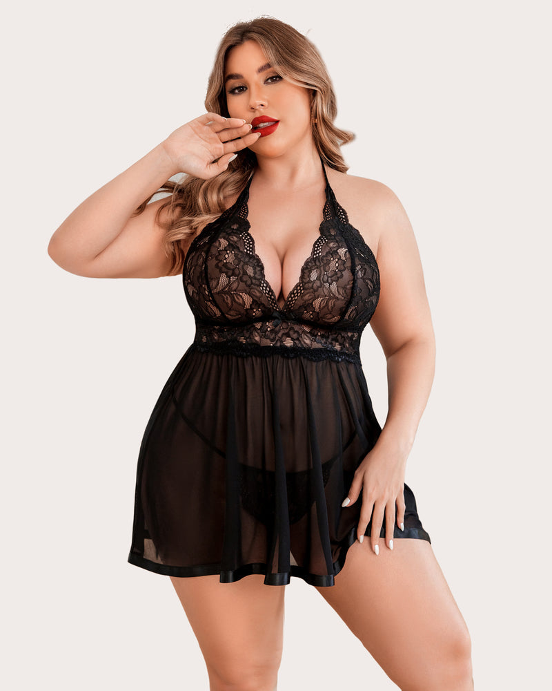 Plus Size Sheer Lace Mesh Babydoll-lovelira
