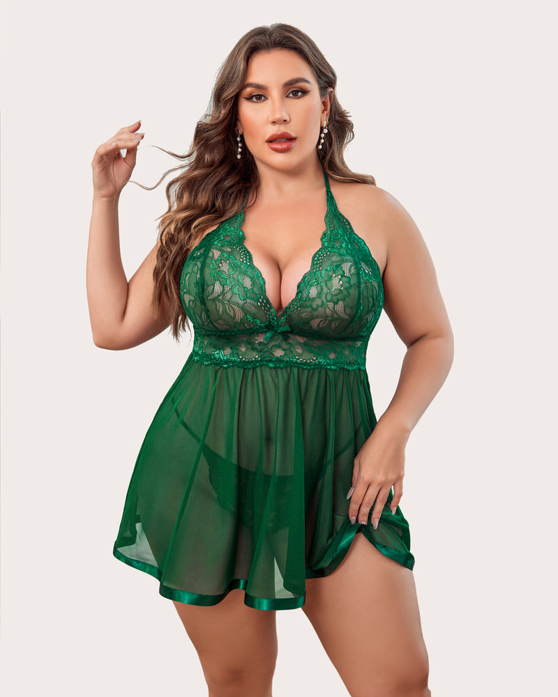 Plus Size Sheer Lace Mesh Babydoll-lovelira
