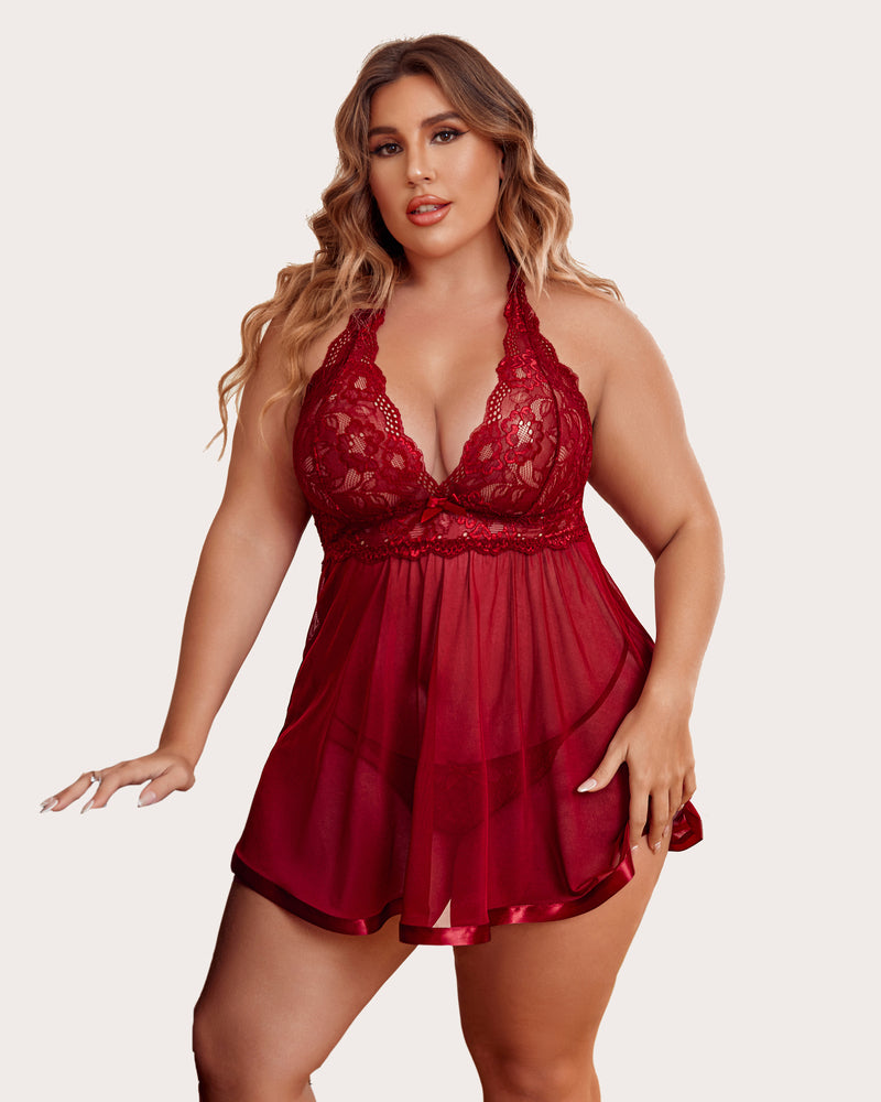 Plus Size Sheer Lace Mesh Babydoll-lovelira