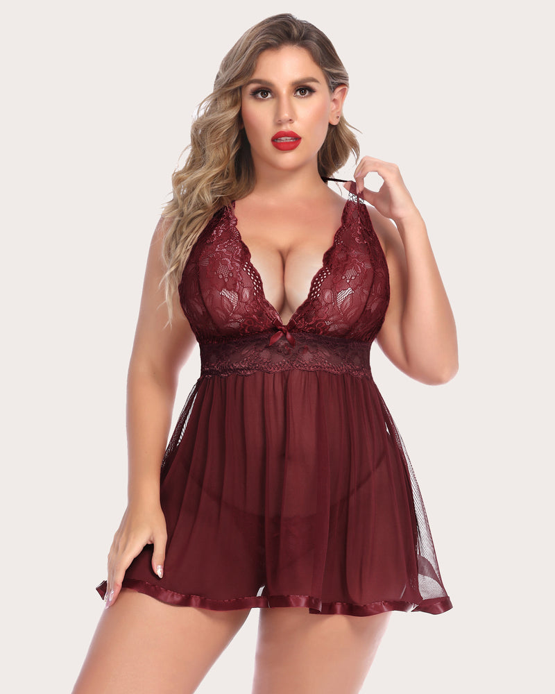 Plus Size Sheer Lace Mesh Babydoll-lovelira