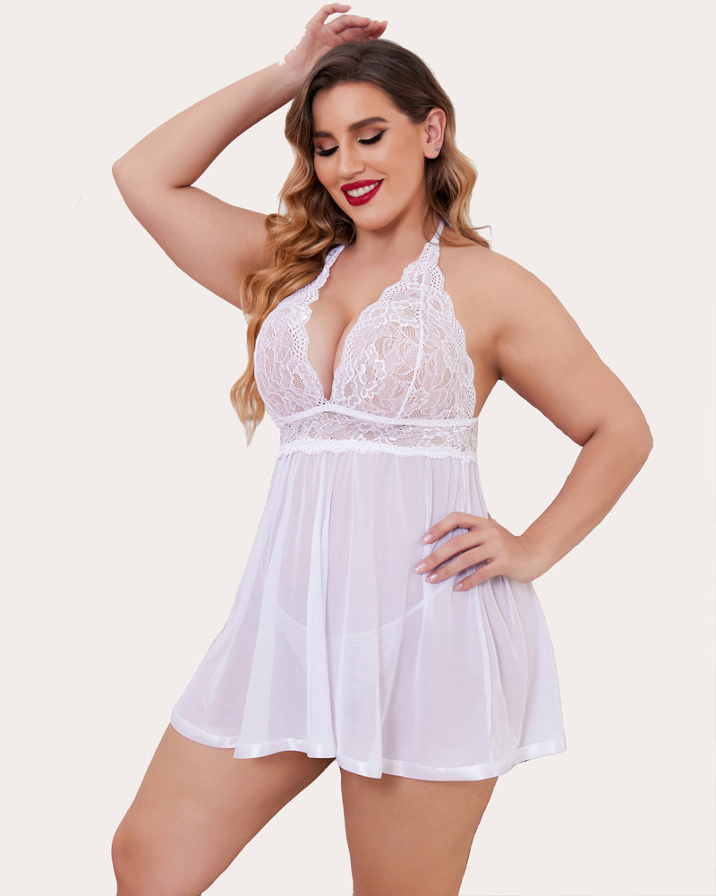 Plus Size Sheer Lace Mesh Babydoll-lovelira