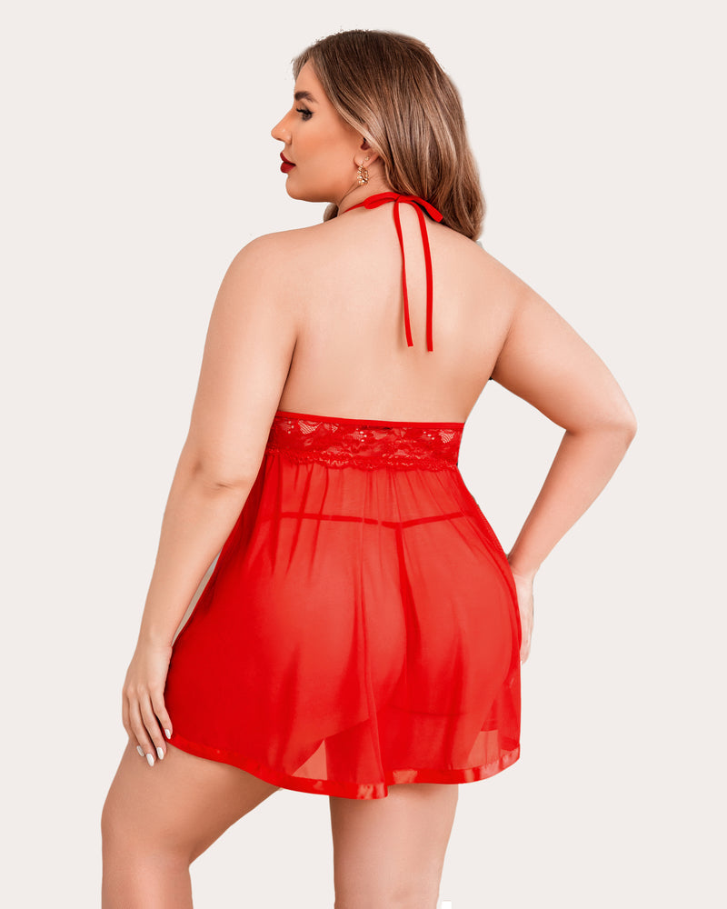 Plus Size Sheer Lace Mesh Babydoll-lovelira