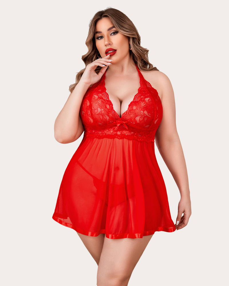 Plus Size Sheer Lace Mesh Babydoll-lovelira