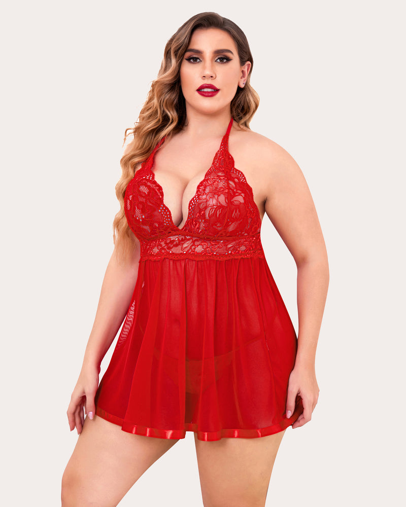 Plus Size Sheer Lace Mesh Babydoll-lovelira