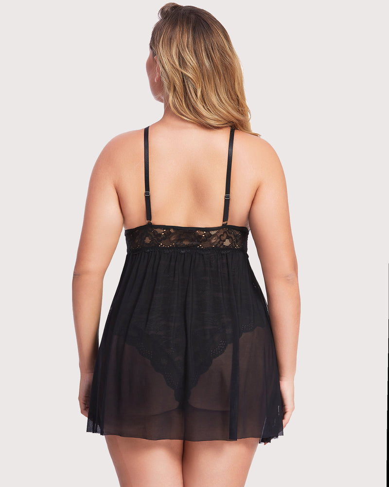 Plus Size Snap Crotch V Neck Lace Nighty-lovelira