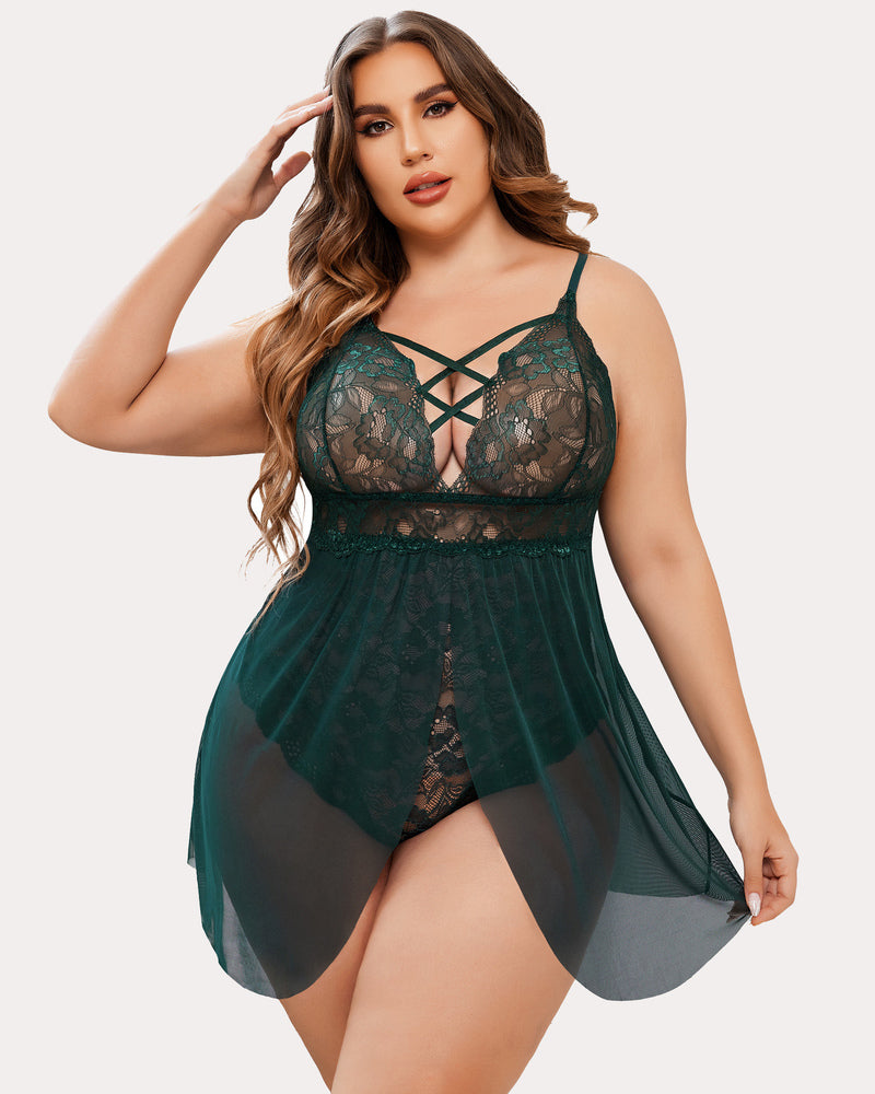 Plus Size Snap Crotch V Neck Lace Nighty-lovelira