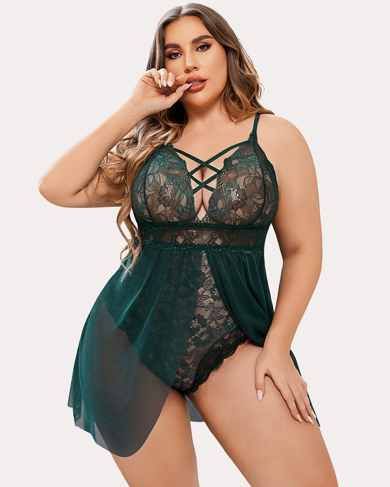 Plus Size Snap Crotch V Neck Lace Nighty-lovelira