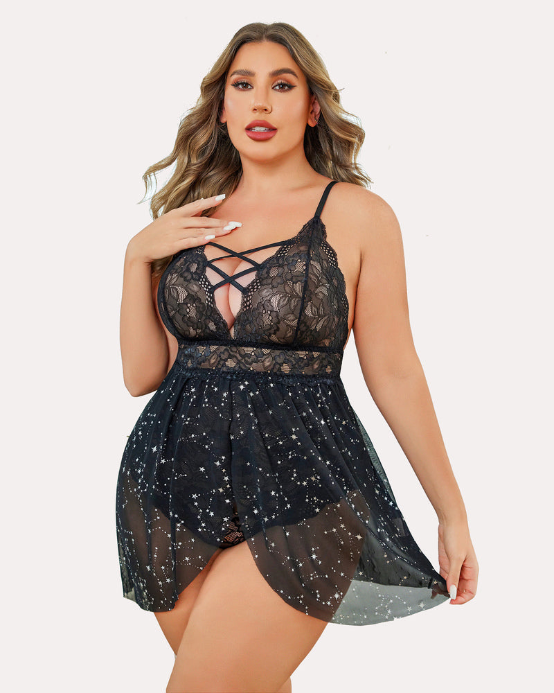 Plus Size Snap Crotch V Neck Lace Nighty-lovelira