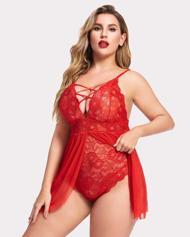 Plus Size Snap Crotch V Neck Lace Nighty-lovelira
