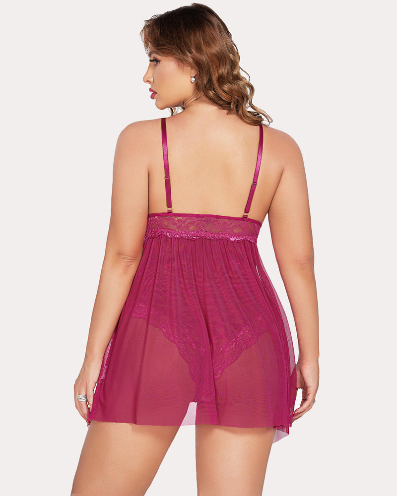 Plus Size Snap Crotch V Neck Lace Nighty-lovelira