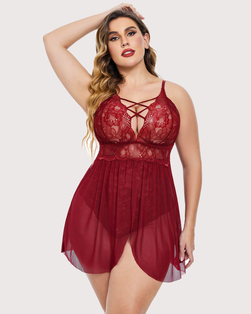Plus Size Snap Crotch V Neck Lace Nighty-lovelira