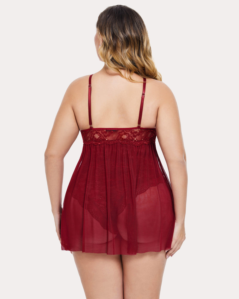 Plus Size Snap Crotch V Neck Lace Nighty-lovelira