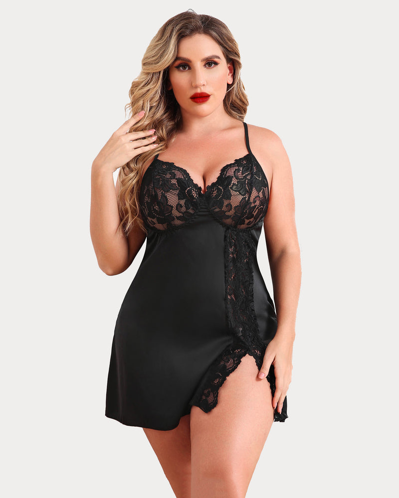 Plus Size Satin Lace Side Slit Chemise-lovelira