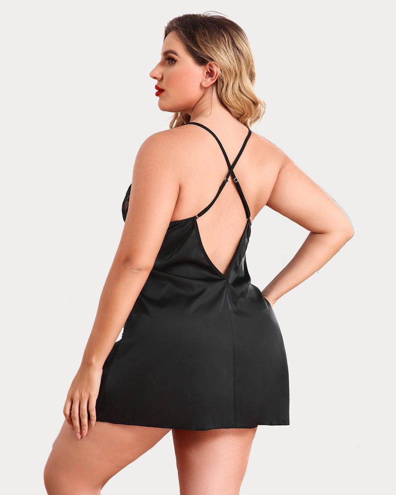 Plus Size Satin Lace Side Slit Chemise-lovelira