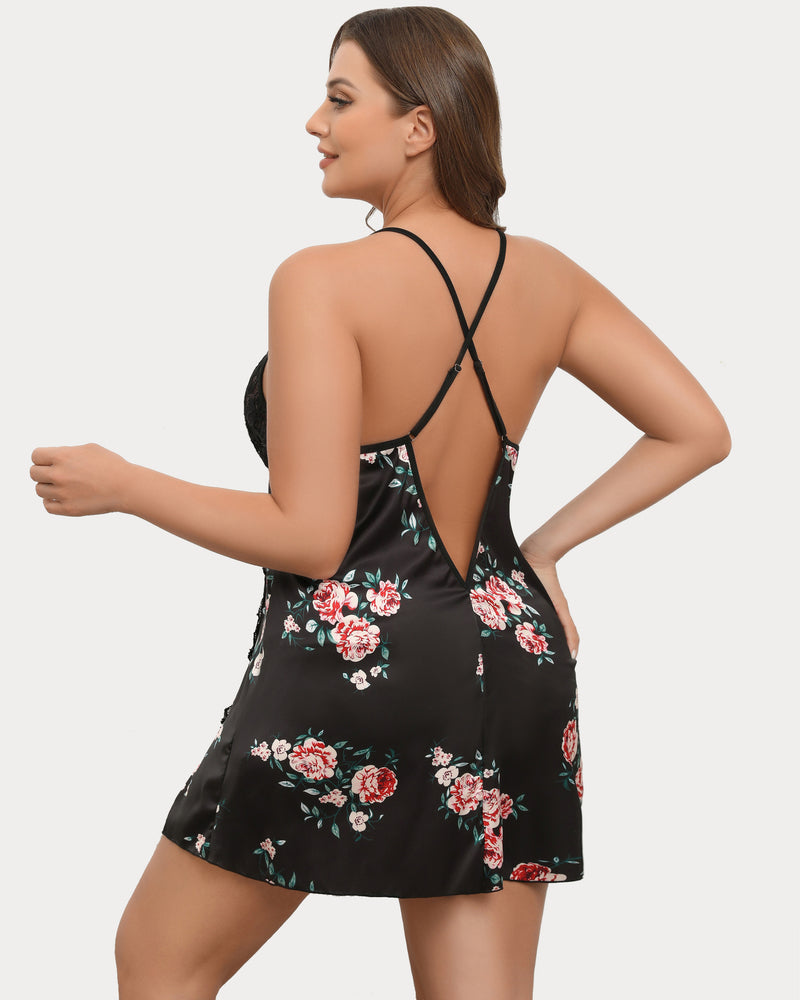 Plus Size Satin Lace Side Slit Chemise-lovelira