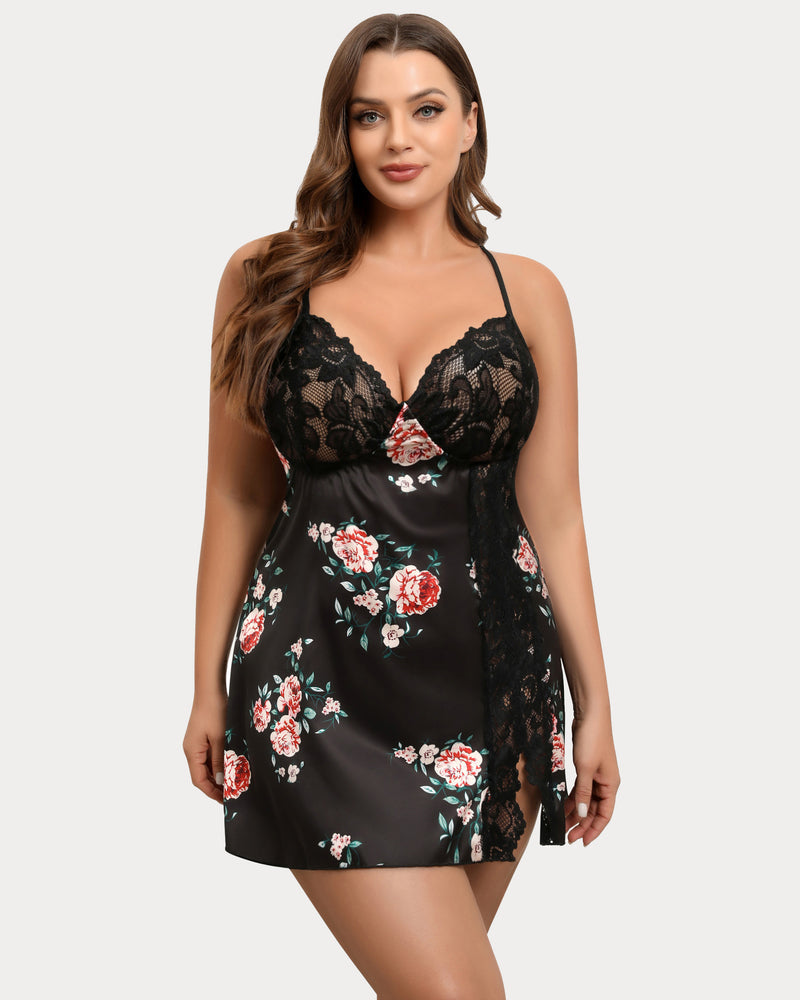 Plus Size Satin Lace Side Slit Chemise-lovelira