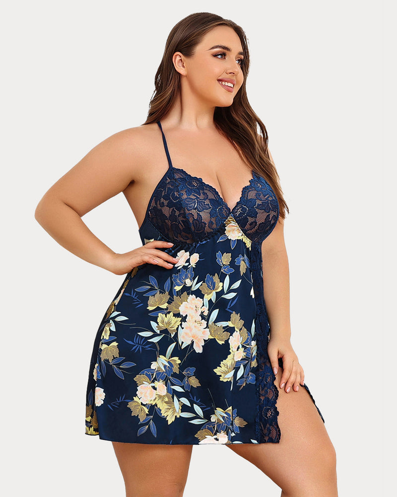 Plus Size Satin Lace Side Slit Chemise-lovelira