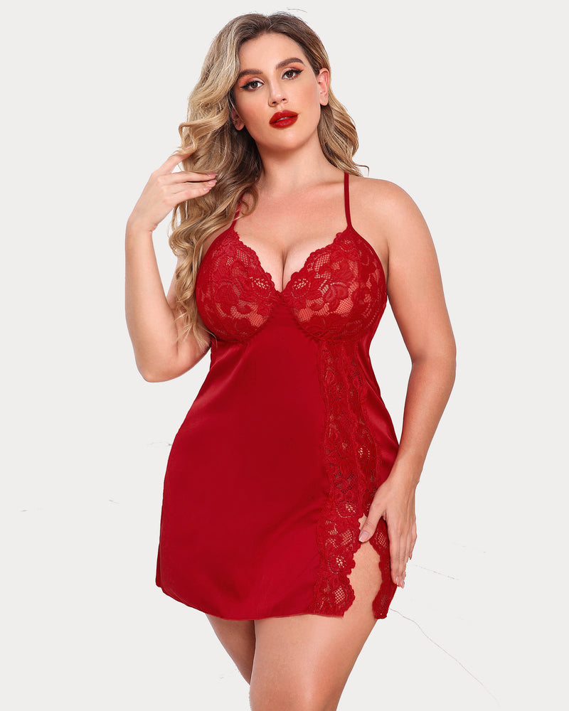 Plus Size Satin Lace Side Slit Chemise-lovelira