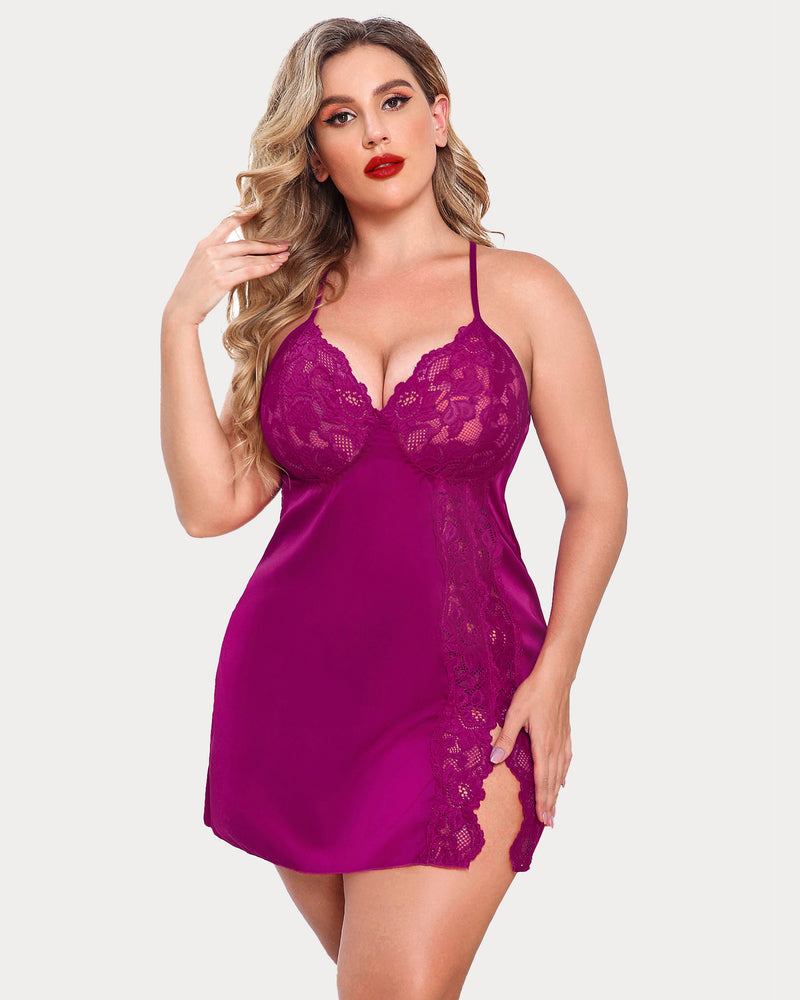 Plus Size Satin Lace Side Slit Chemise-lovelira