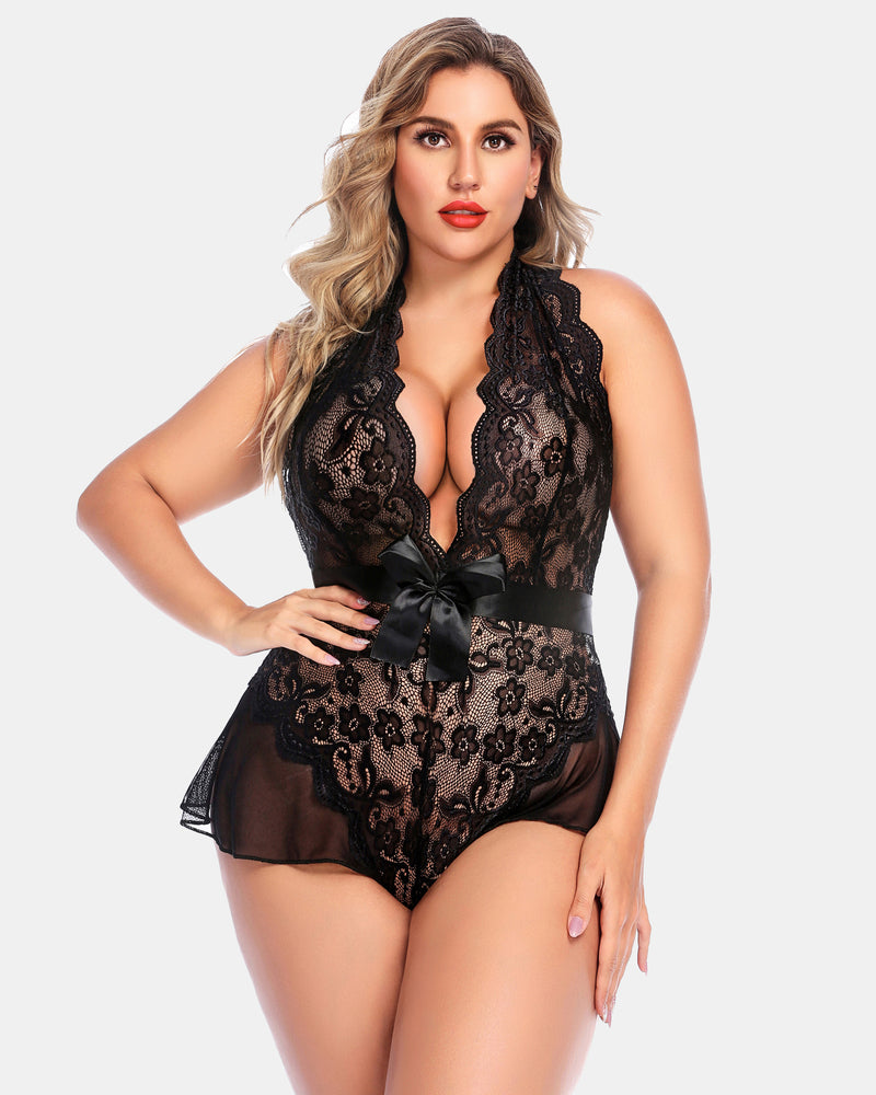 Plus Size Halter Lace Bodysuit-lovelira