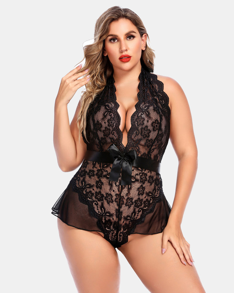 Plus Size Halter Lace Bodysuit-lovelira