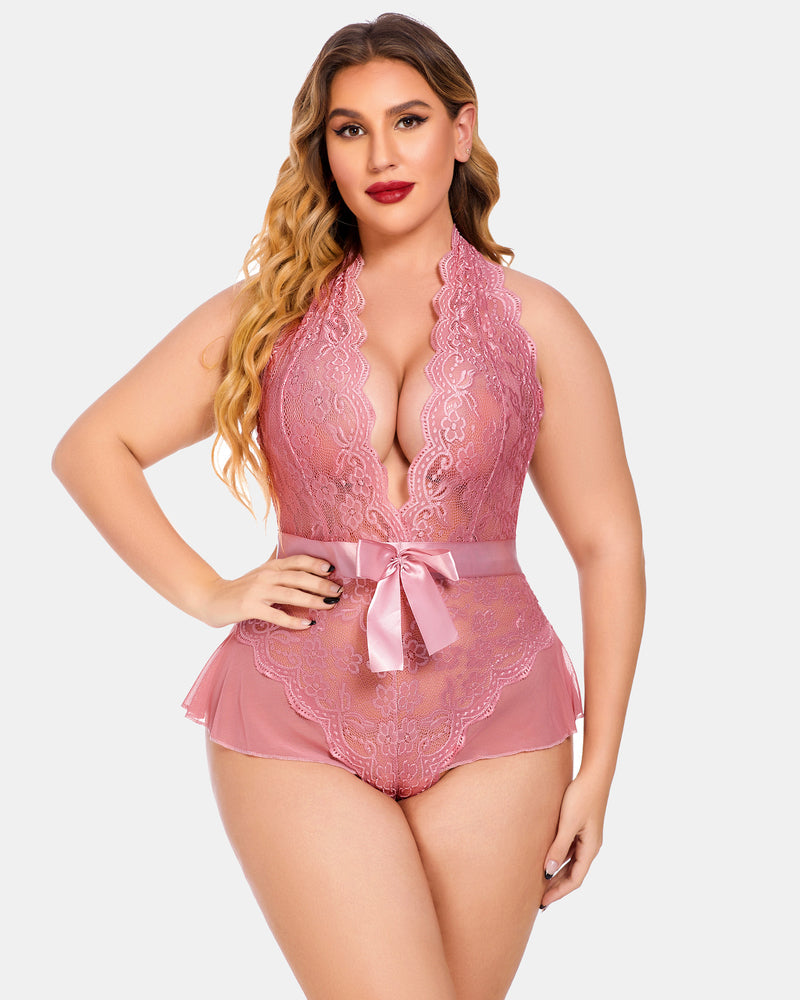 Plus Size Halter Lace Bodysuit-lovelira