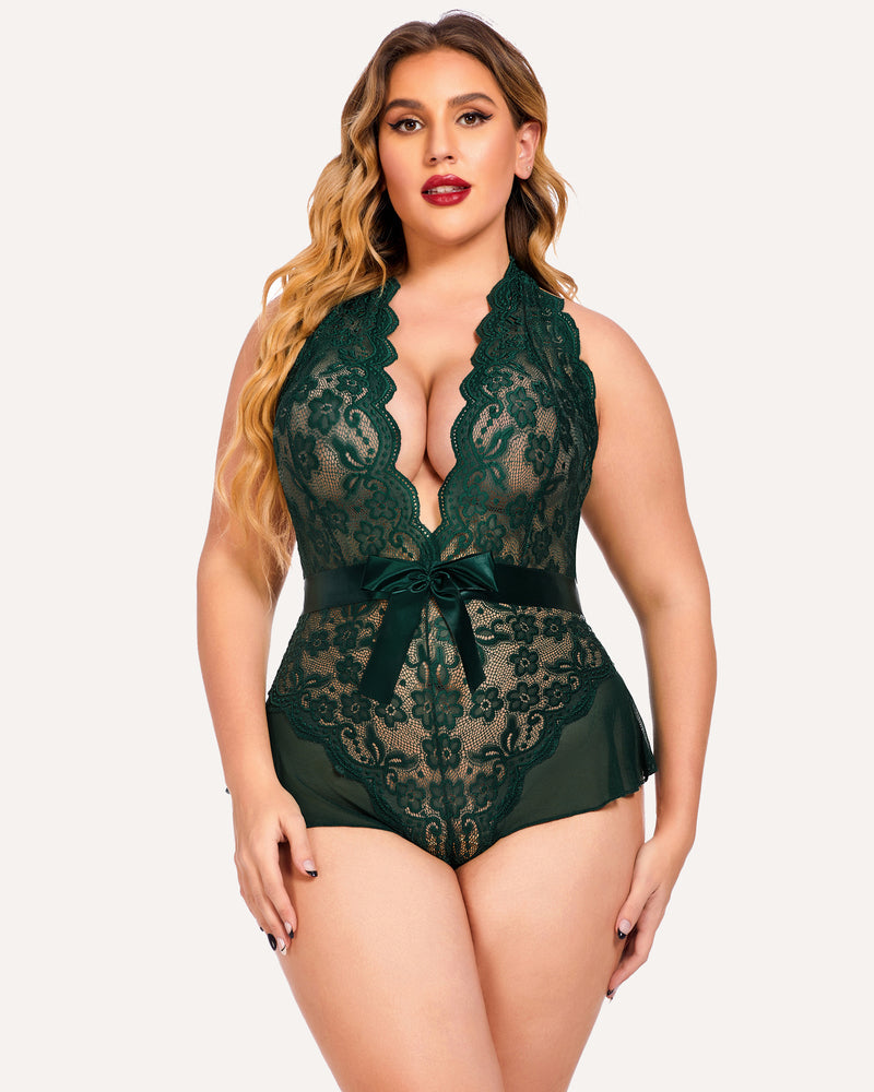 Plus Size Halter Lace Bodysuit-lovelira