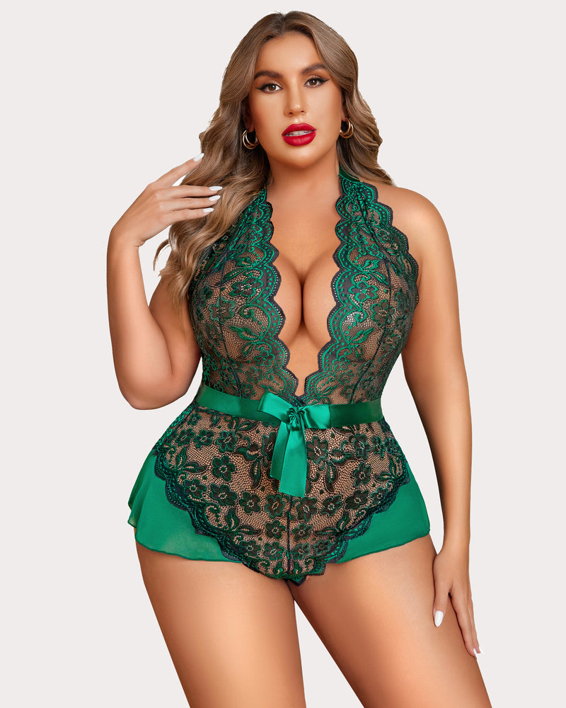 Plus Size Halter Lace Bodysuit-lovelira