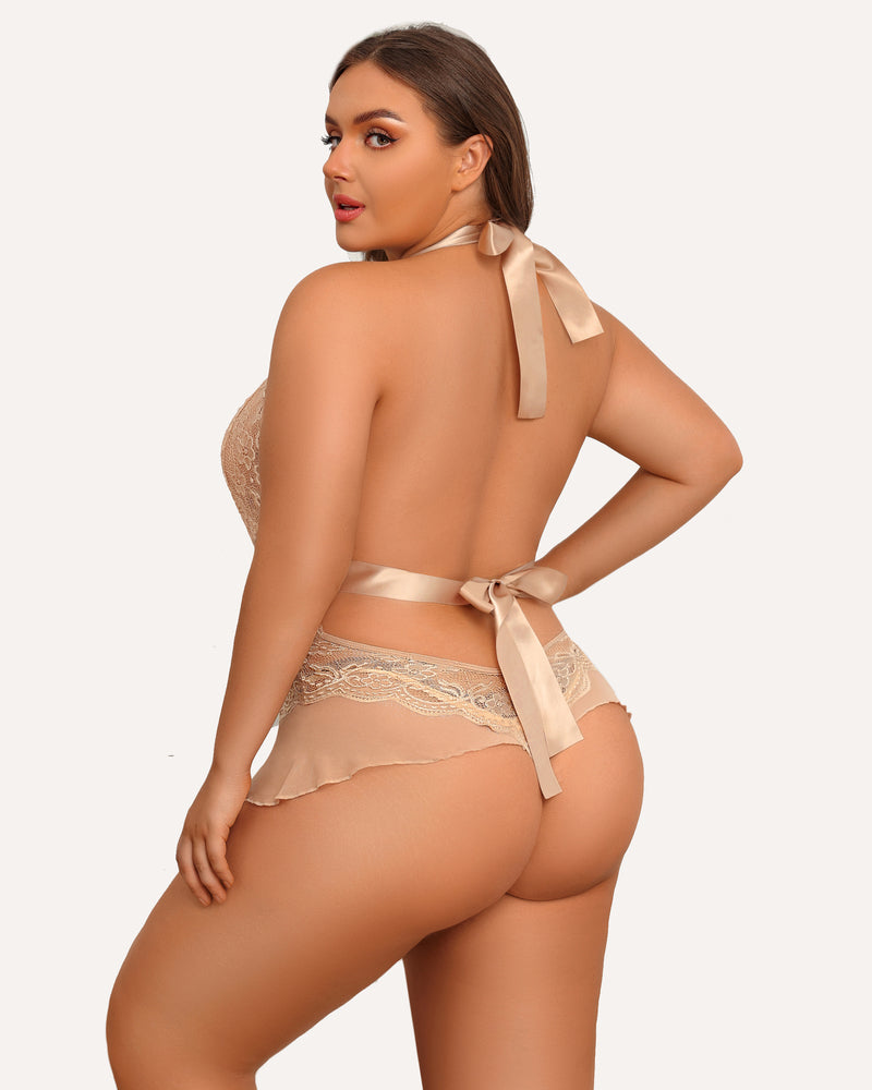 Plus Size Halter Lace Bodysuit-lovelira
