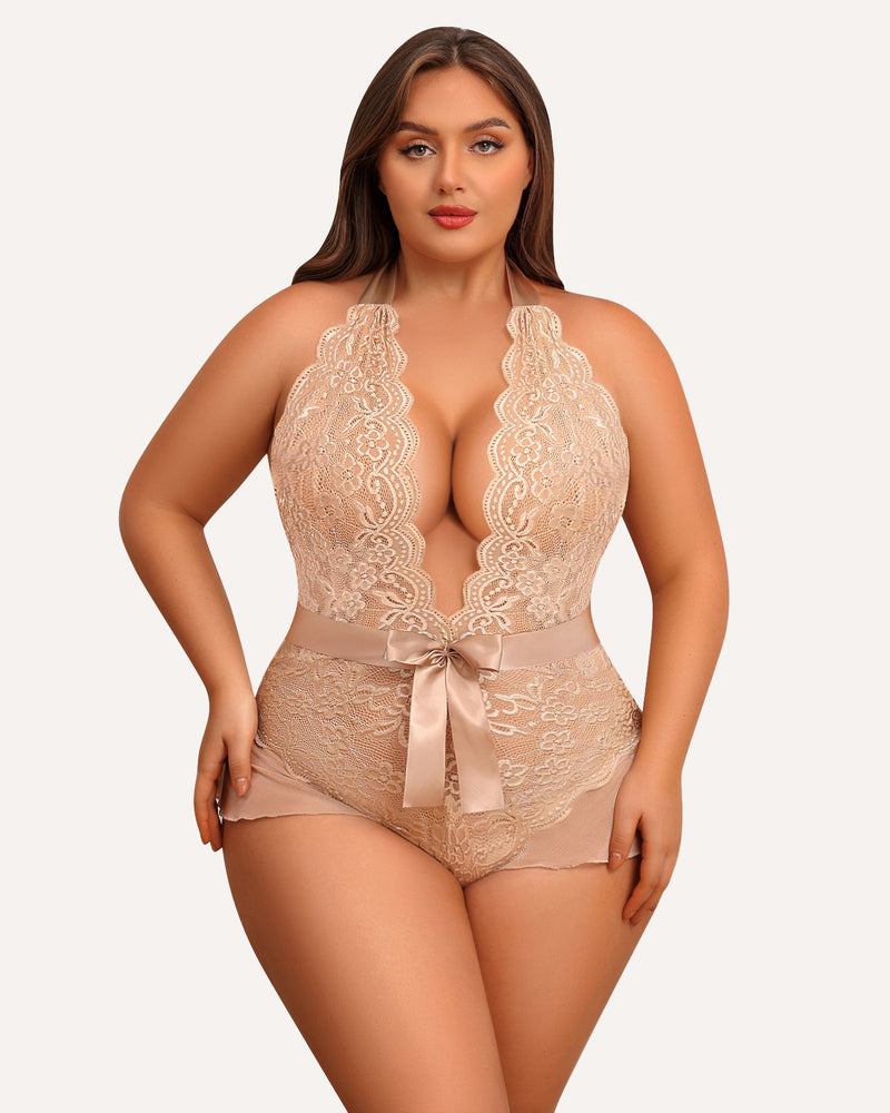 Plus Size Halter Lace Bodysuit-lovelira