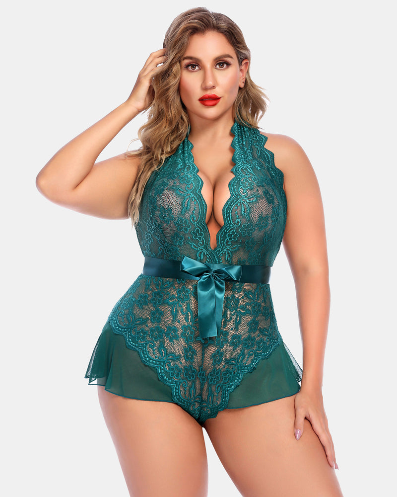 Plus Size Halter Lace Bodysuit-lovelira
