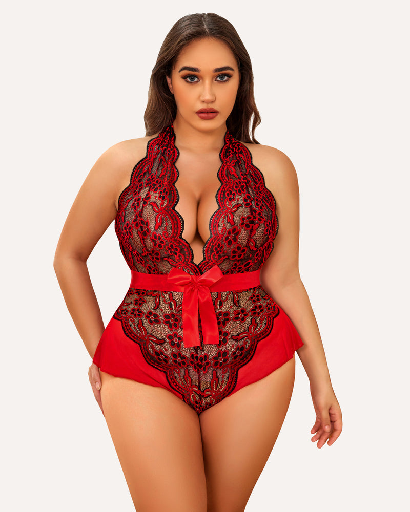 Plus Size Halter Lace Bodysuit-lovelira