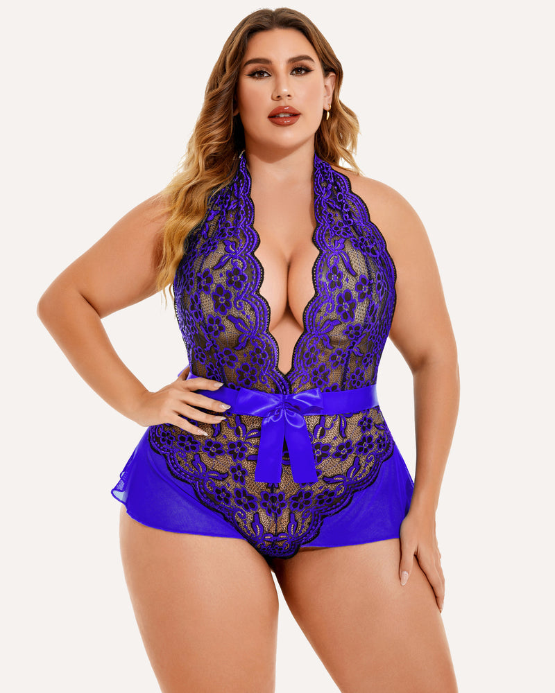 Plus Size Halter Lace Bodysuit-lovelira