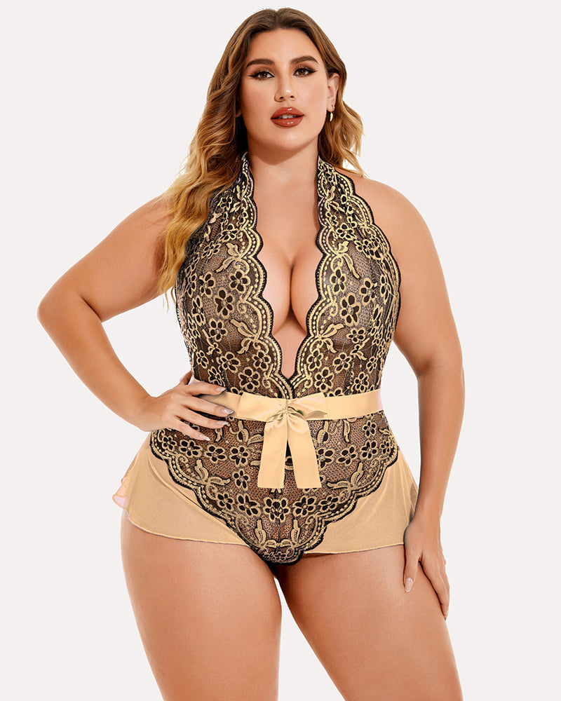 Plus Size Halter Lace Bodysuit-lovelira