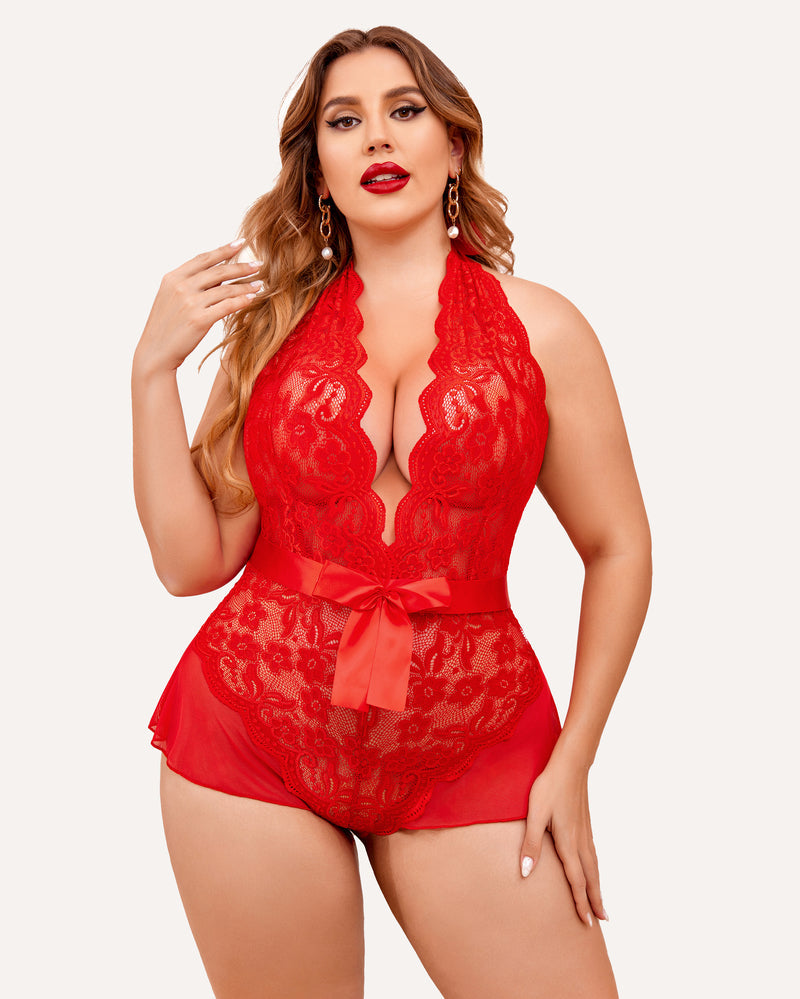 Plus Size Halter Lace Bodysuit-lovelira