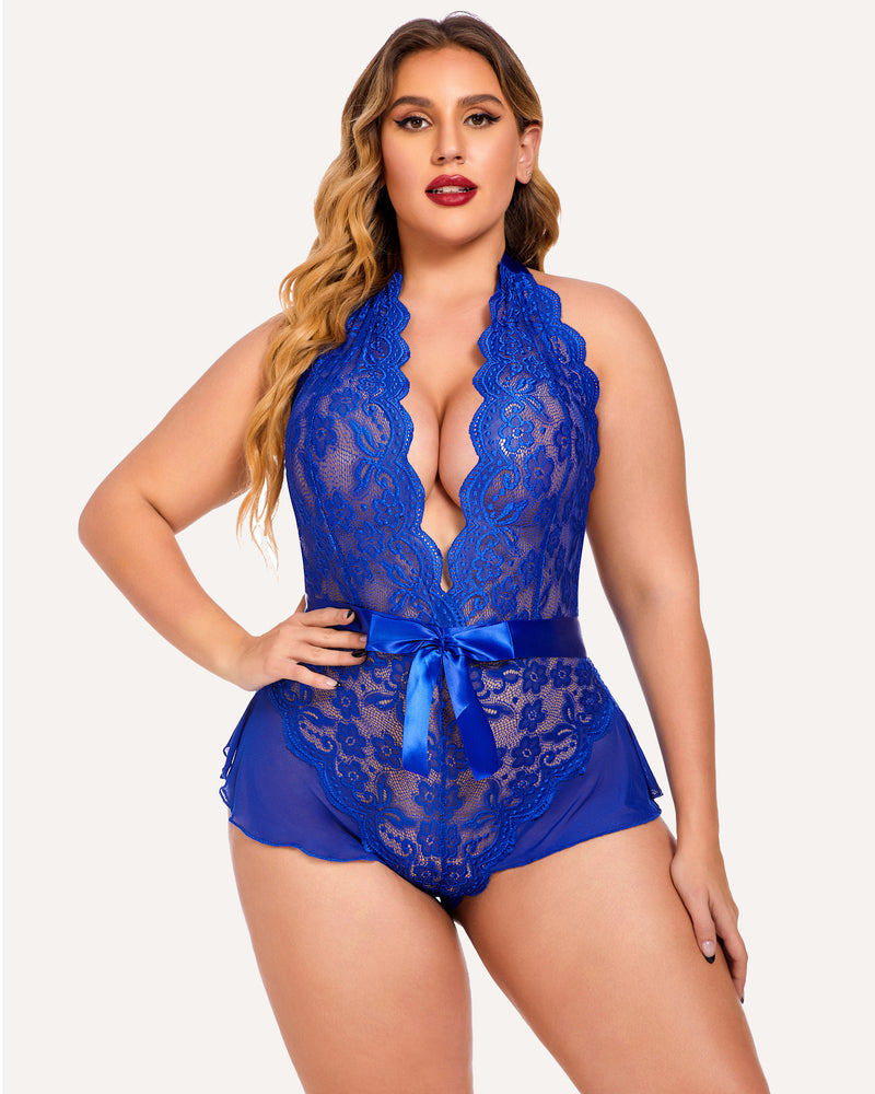 Plus Size Halter Lace Bodysuit-lovelira