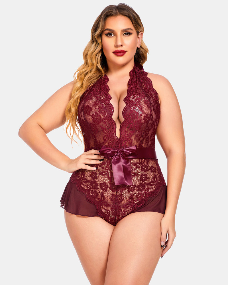 Plus Size Halter Lace Bodysuit-lovelira