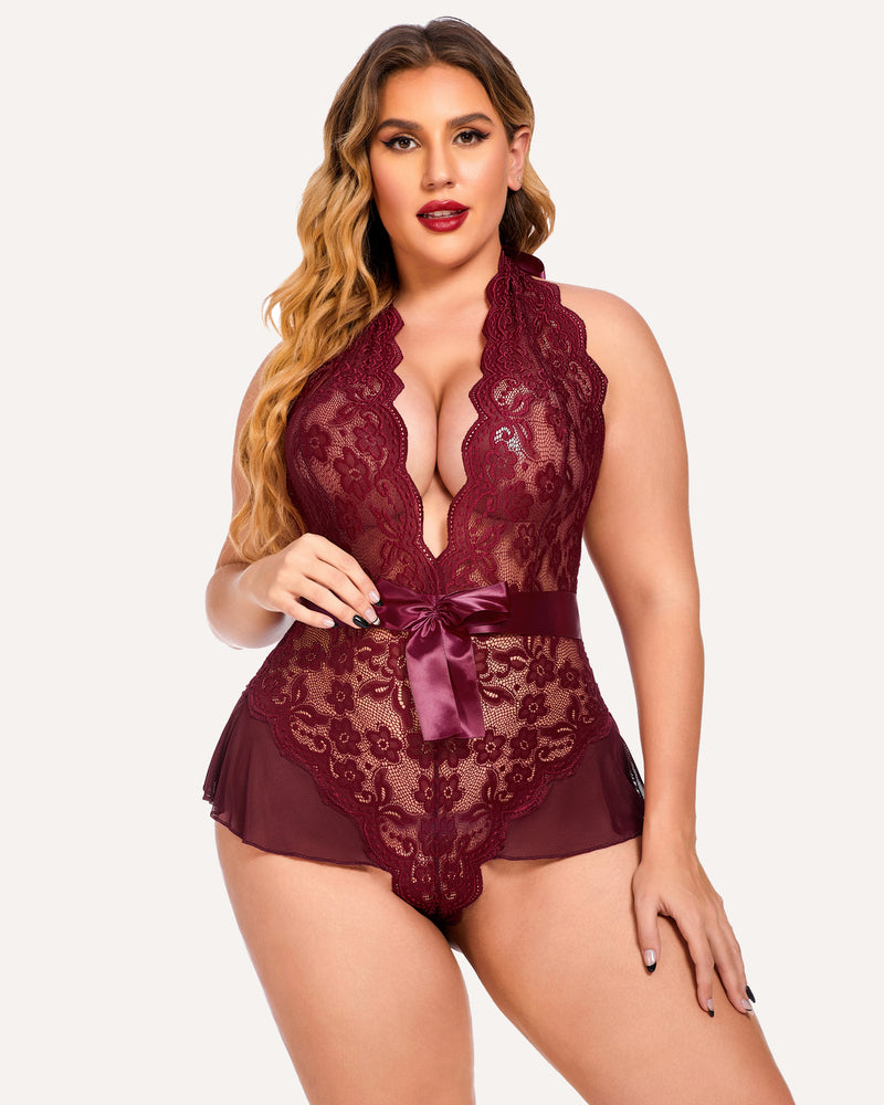 Plus Size Halter Lace Bodysuit-lovelira
