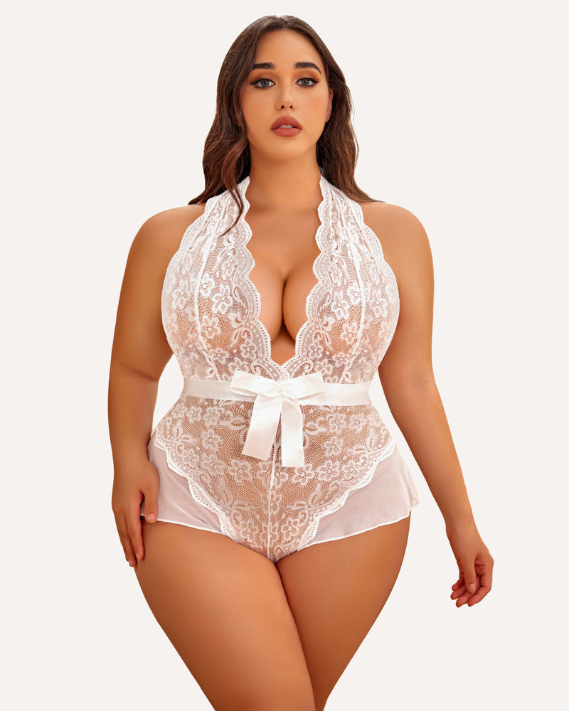 Plus Size Halter Lace Bodysuit-lovelira