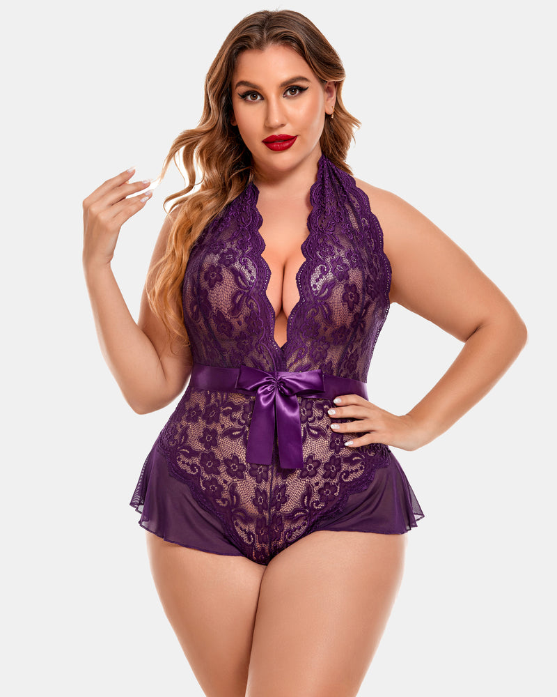 Plus Size Halter Lace Bodysuit-lovelira