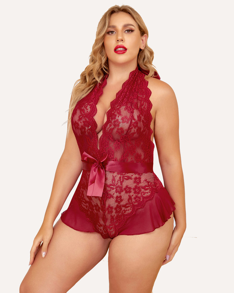 Plus Size Halter Lace Bodysuit-lovelira