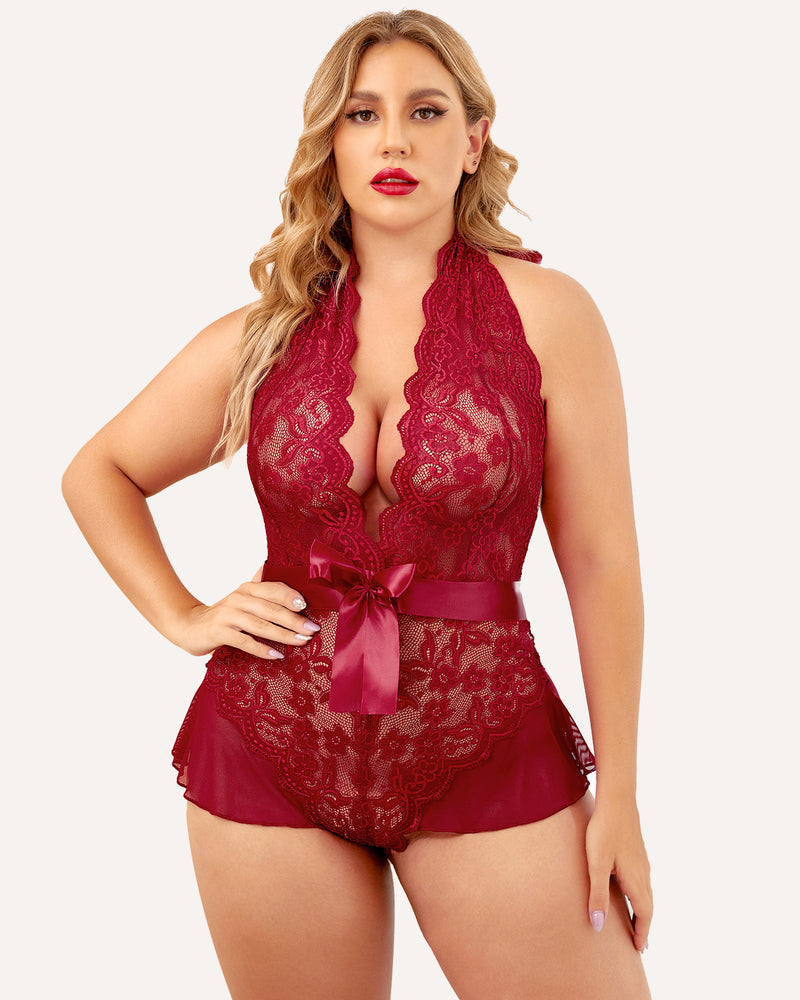 Plus Size Halter Lace Bodysuit-lovelira