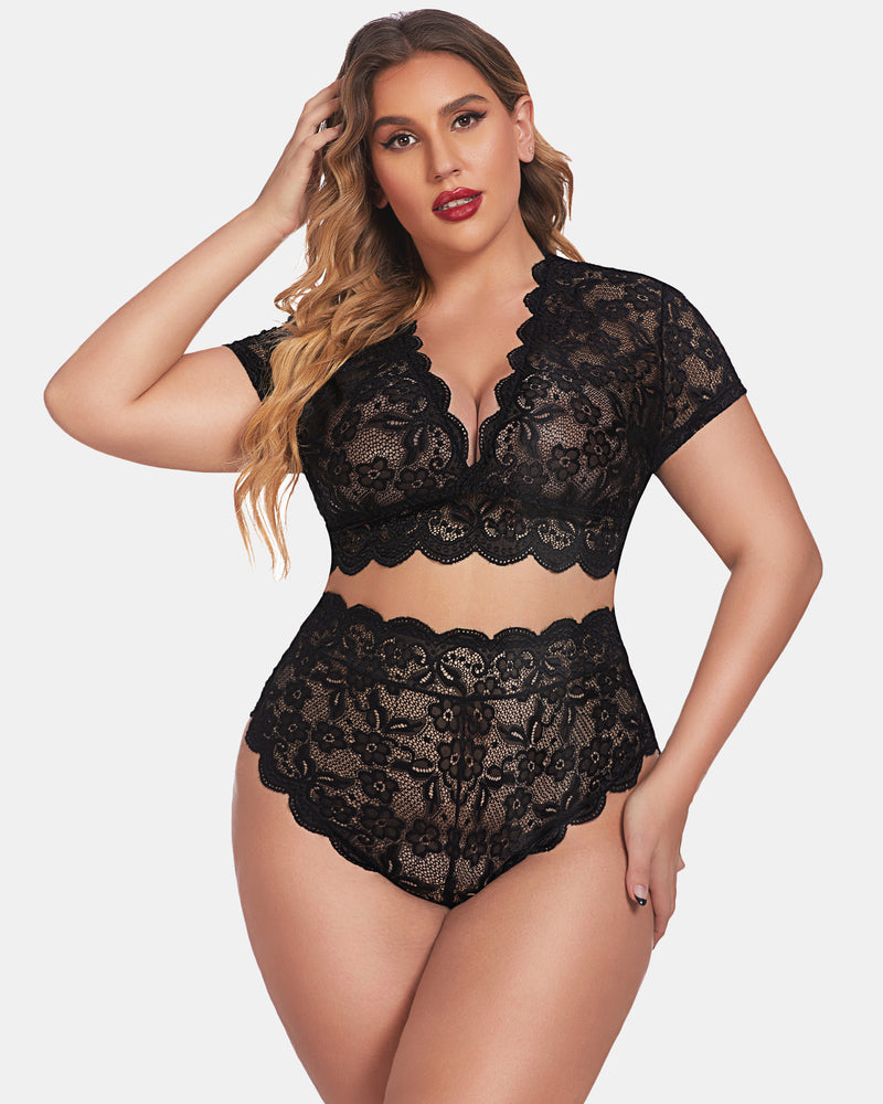 Plus Size Floral Lace Trim Set-lovelira