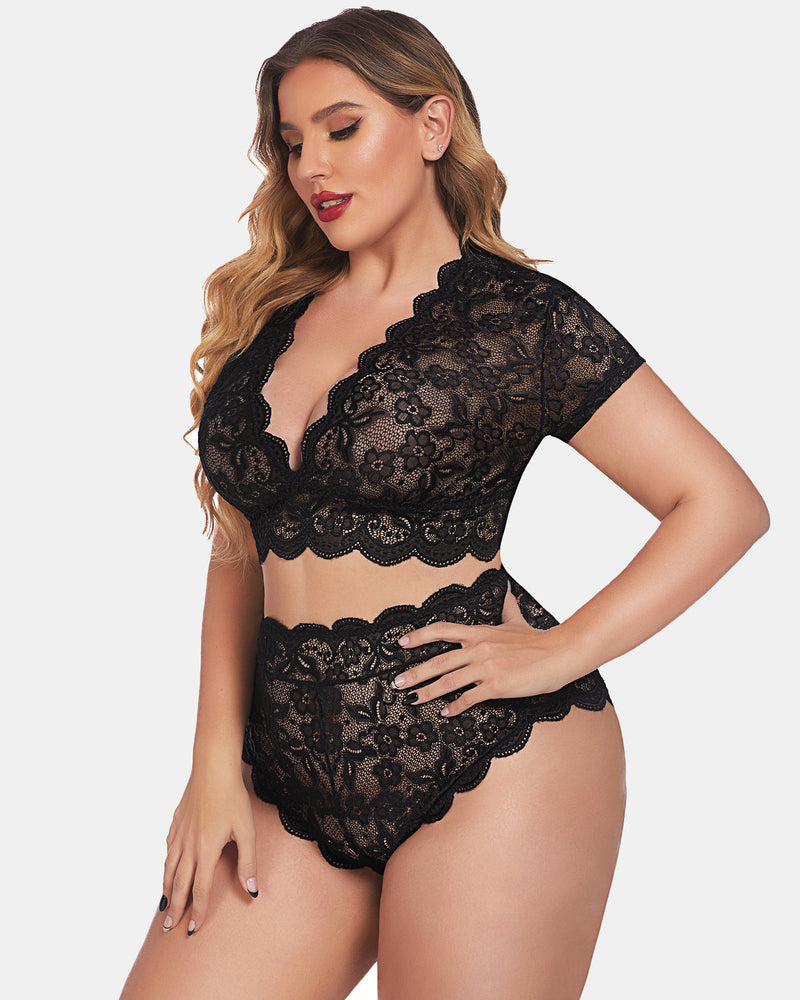 Plus Size Floral Lace Trim Set-lovelira