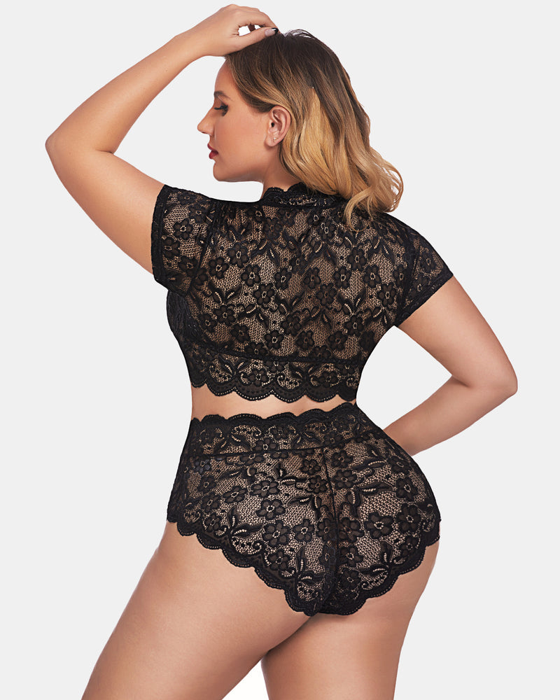 Plus Size Floral Lace Trim Set-lovelira