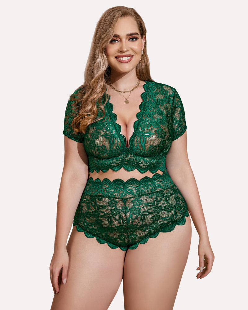 Plus Size Floral Lace Trim Set-lovelira