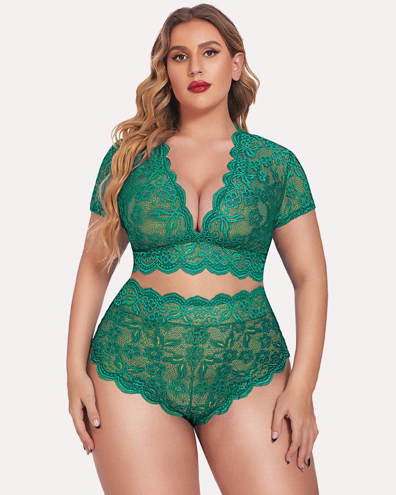 Plus Size Floral Lace Trim Set-lovelira